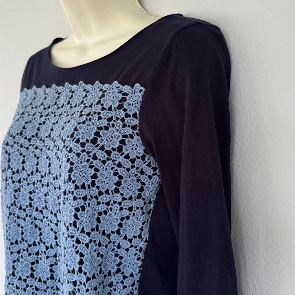 J. Crew blue floral textured eyelet lace 3/4 sleeve cotton knit top size XS